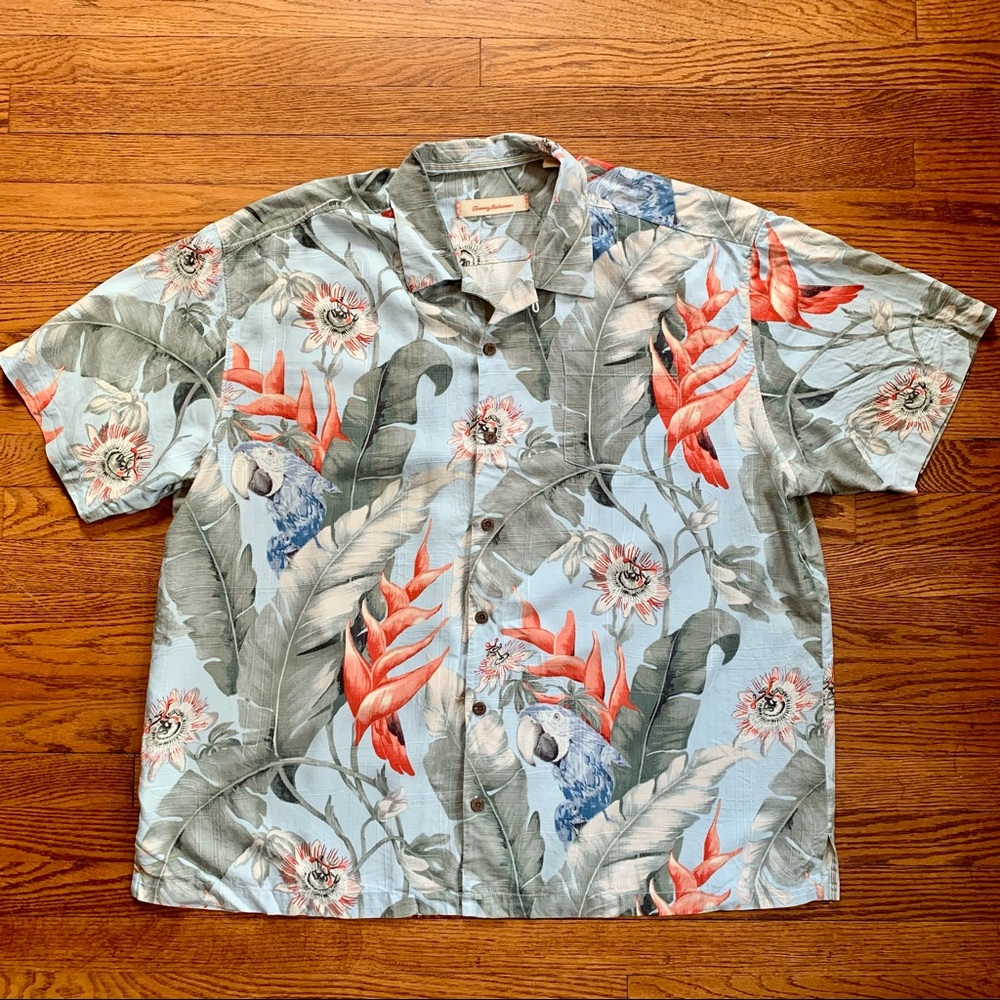 Tommy Bahama 100% Silk Tropical Floral McCaw Parrot Palm Print Shirt Size XXL